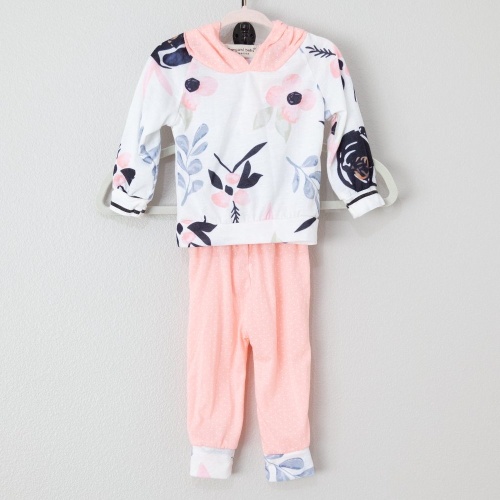 Samgami Baby Girl Pink Floral & Polka Dot Hoodie and Pant Set Size 70 (6-12M)